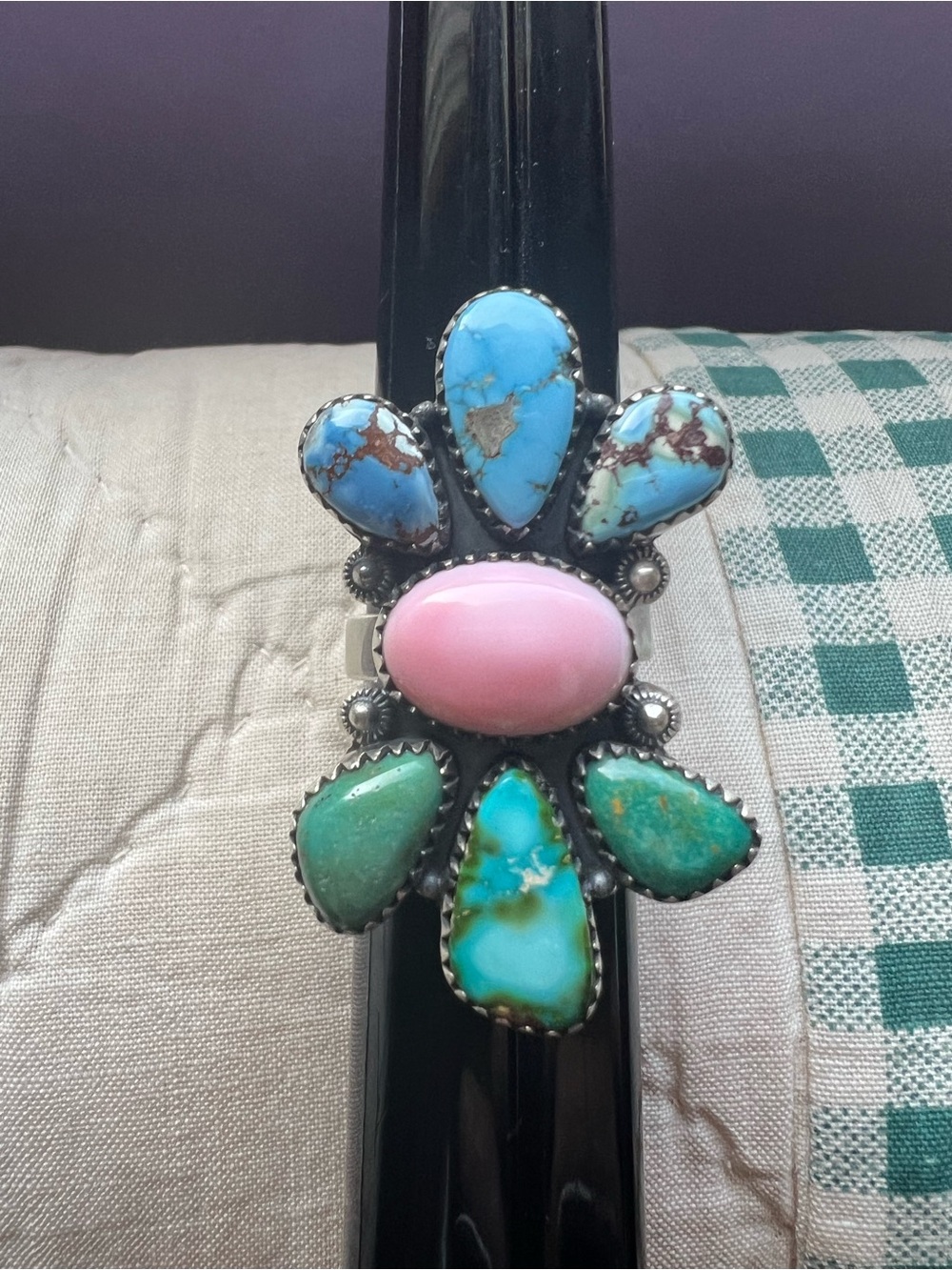 Sterling turquoise and pink conch southwestern ring